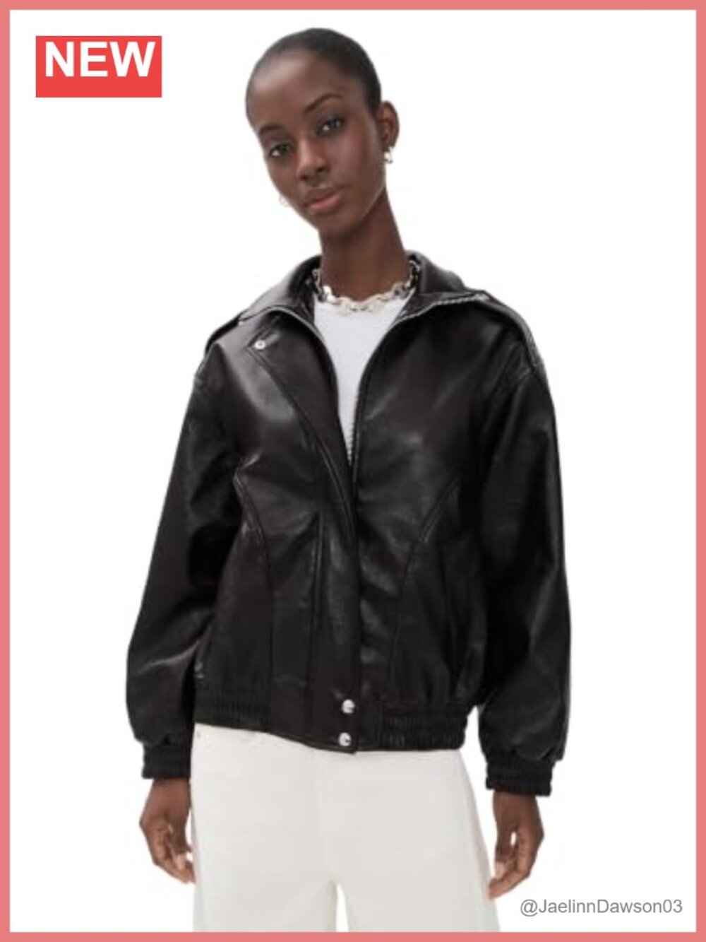 Faux Leather Bomber Jacket with Funnel Neck and Elastic Hem